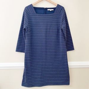 LOFT 3/4 Sleeve Navy Blue Pin Dot Stripe Midi Sheath Dress - LT
